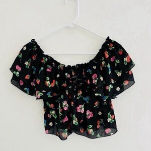 Zara Strawberry Ruffled Off Shoulder Front Knot Crop Top Small